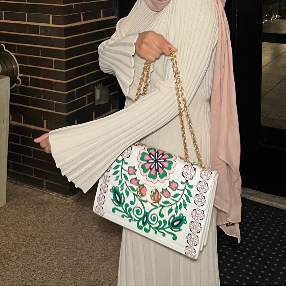 Tory Burch limited edition White and Green Floral Shoulder Bag with Chain Strap